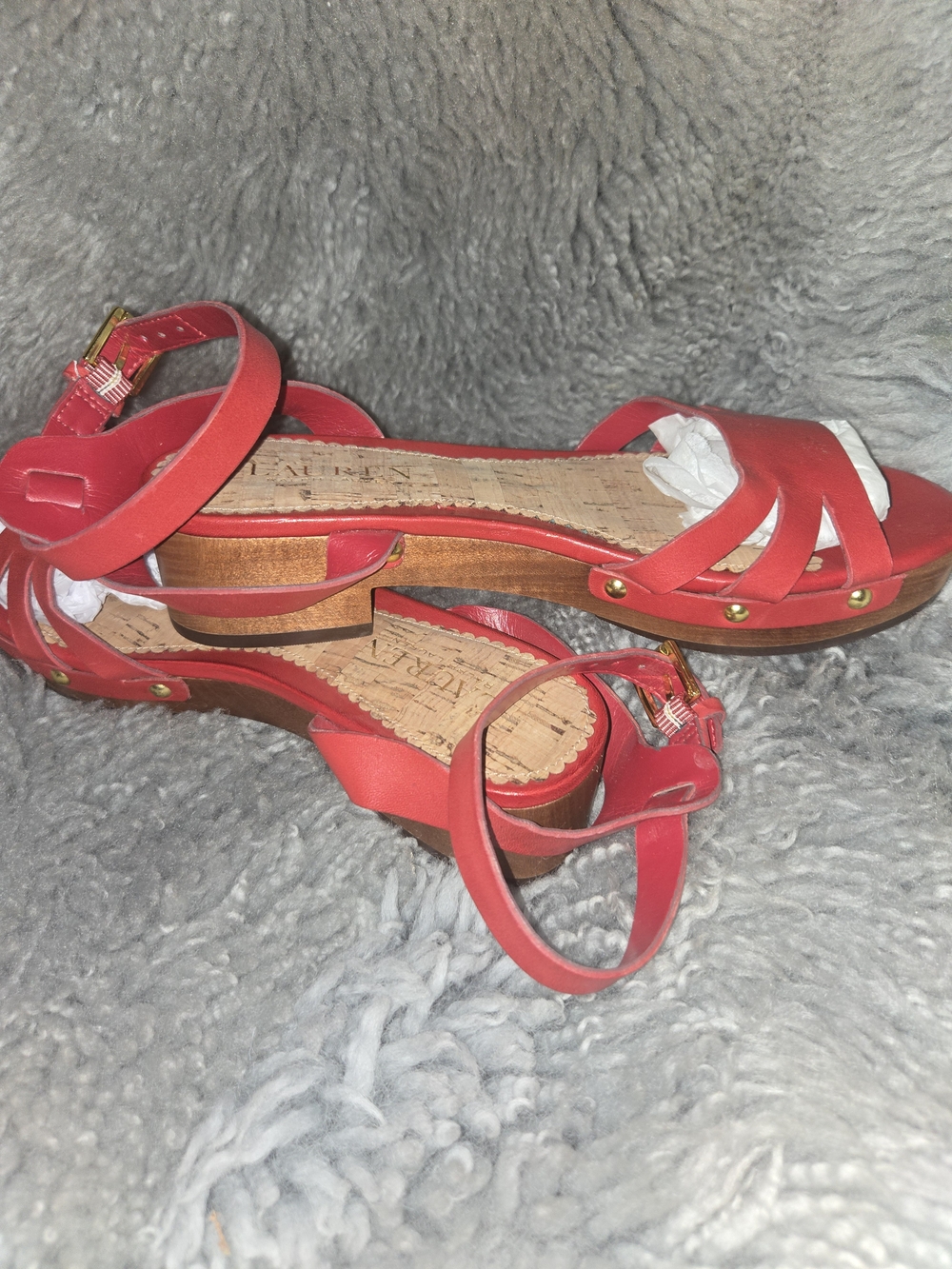 Ralph Lauren Red Strappy Cork-Effect Platform Sandals